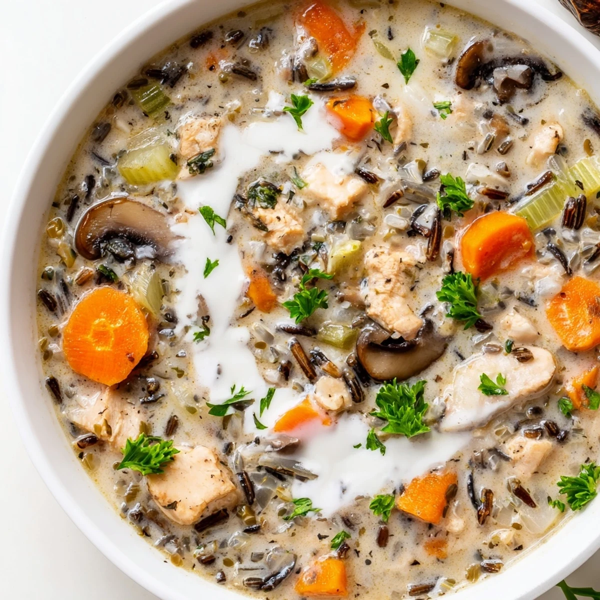 Close-up of Turkey and Wild Rice Soup showing hearty vegetables, mushrooms, and wild rice simmering in a savory, golden broth.