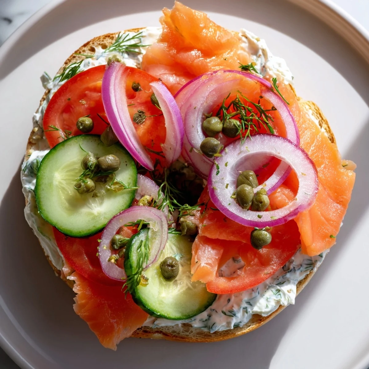 A toasted bagel half loaded with flaky baked salmon, creamy herbed spread, tomato slices, and cucumber for a fresh brunch bite.