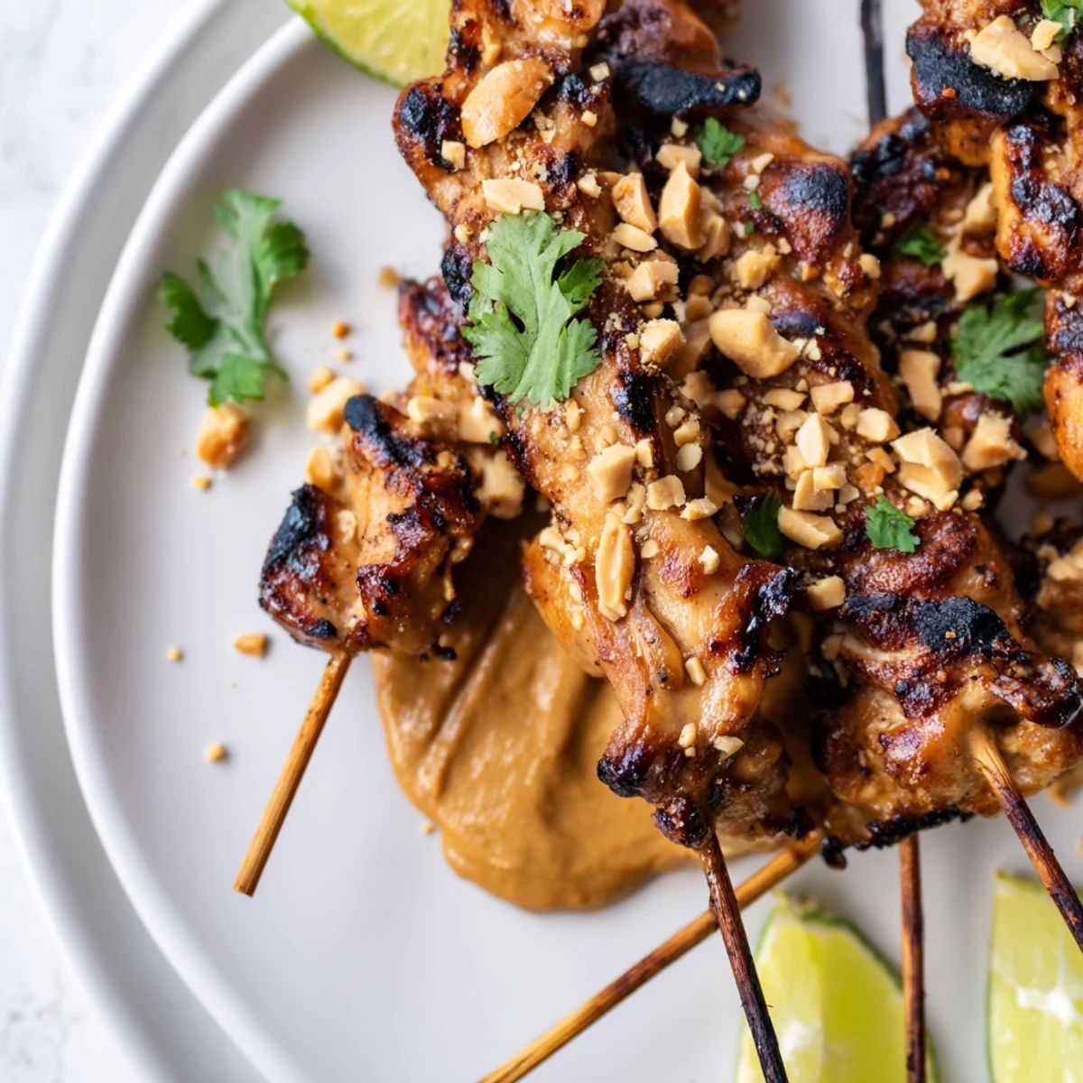 Tender chicken satay skewers with peanut sauce served alongside fresh lime wedges and crushed peanuts.