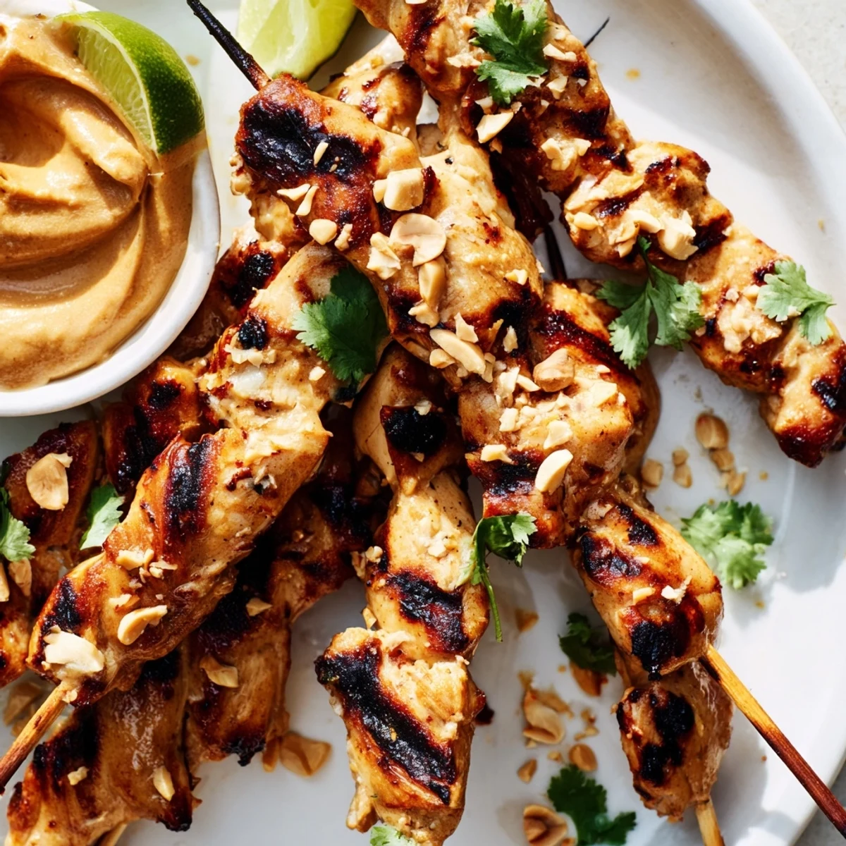 Grilled Chicken Satay Skewers with Peanut Sauce garnished with cilantro and lime on a plate.