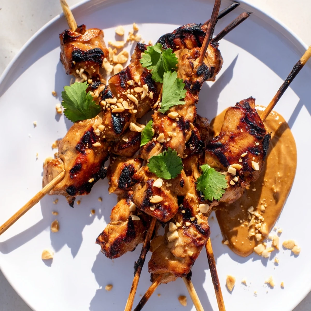 Golden-brown chicken satay skewers with peanut sauce resting on a platter with fresh cilantro garnish.