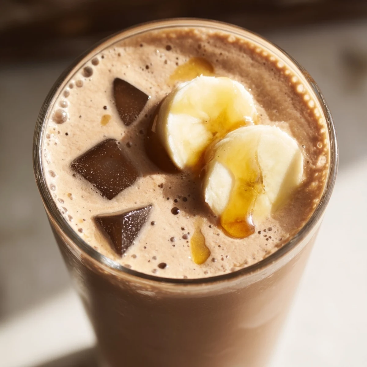 Close-up of a creamy Chocolate Peanut Butter Smoothie with Banana being poured from a blender into a glass, highlighting rich chocolate color and peanut butter swirls.