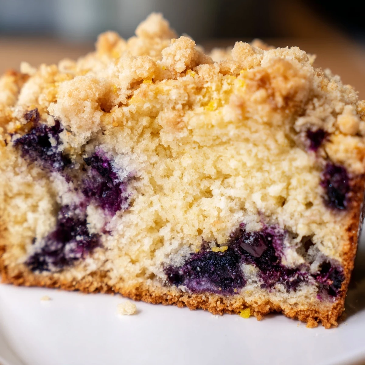 A moist Lemon Blueberry Bread with Streusel Topping, fresh from the oven on a cooling rack, showing juicy blueberries and golden brown sugar crumbs.