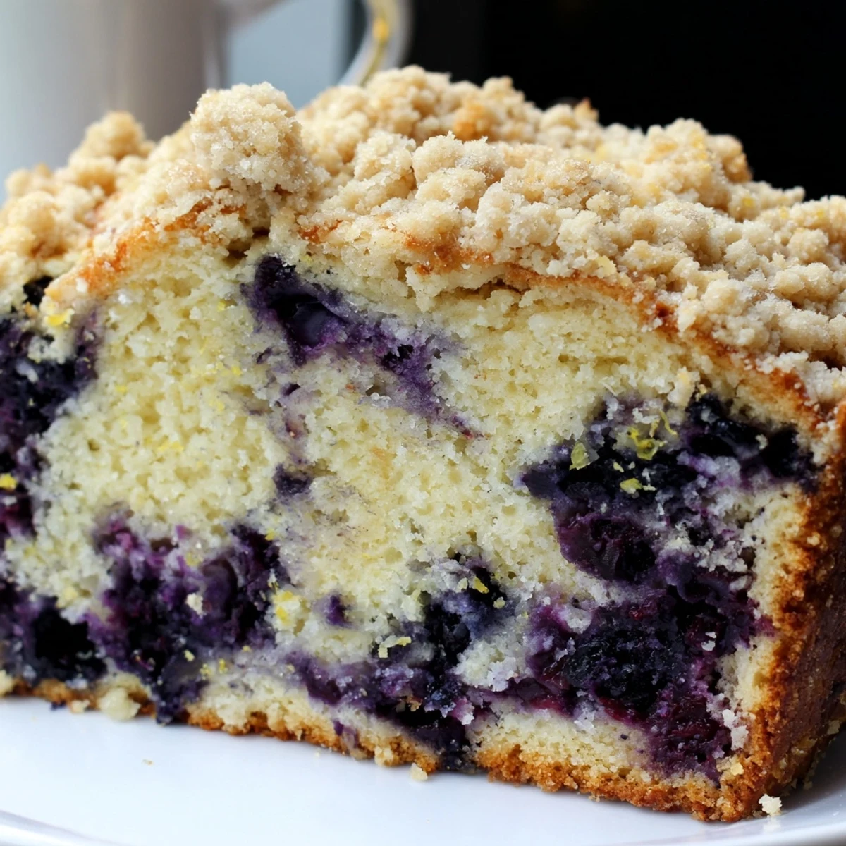 A thick slice of Lemon Blueberry Bread with Streusel Topping on a white plate, revealing a tender crumb packed with blueberries beside a hot cup of coffee.