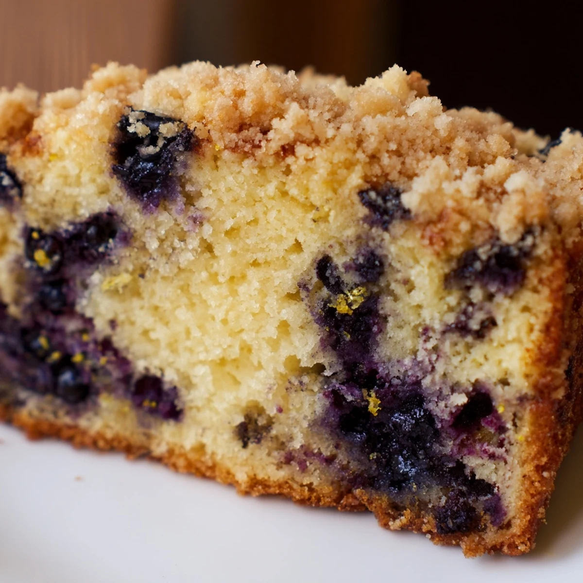 Homemade Lemon Blueberry Bread with Streusel Topping in a loaf pan, dusted with powdered sugar and ready to slice for a sweet brunch or dessert.