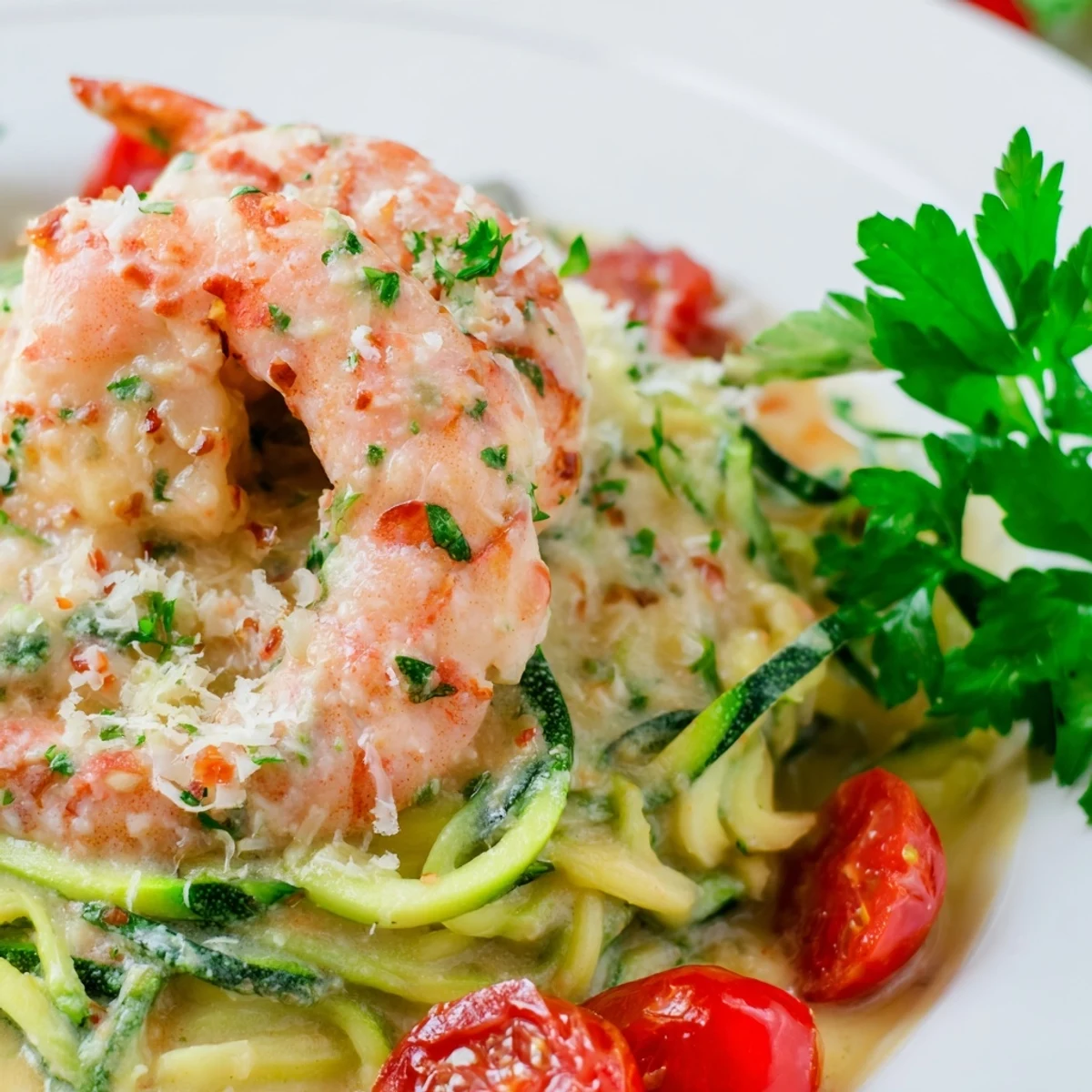 Creamy Garlic Shrimp with Zucchini Noodles served low carb in a skillet with Parmesan and lemon garnish.