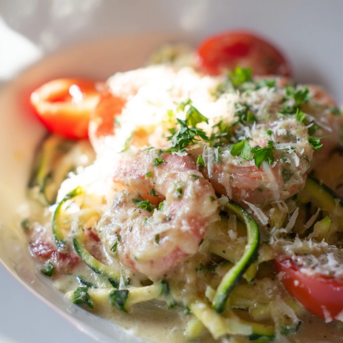 Freshly spiralized zucchini noodles tossed in a creamy garlic sauce with plump, pink shrimp and cherry tomatoes.