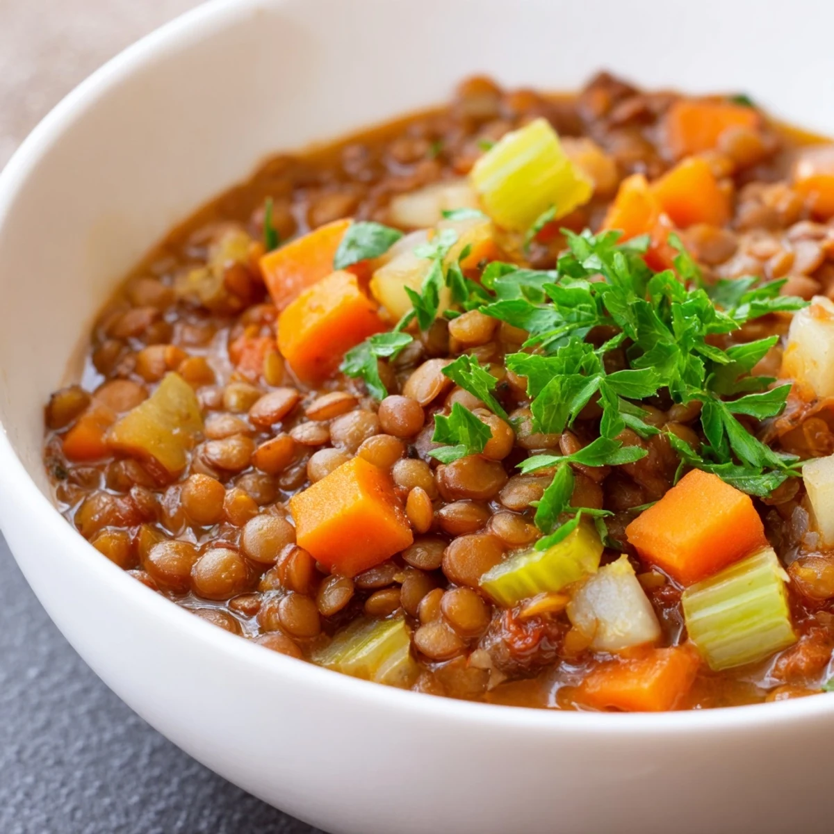 Steaming bowl of Spicy Lentil Soup with Carrots and Celery, garnished with fresh parsley and a lemon wedge.