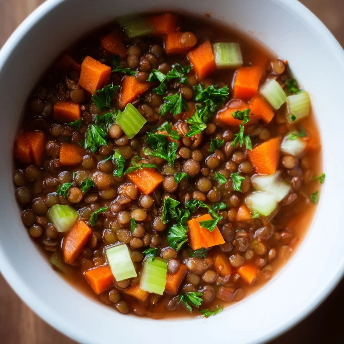 Close-up of Spicy Lentil Soup with Carrots and Celery, showing tender lentils and diced vegetables in a rich broth.