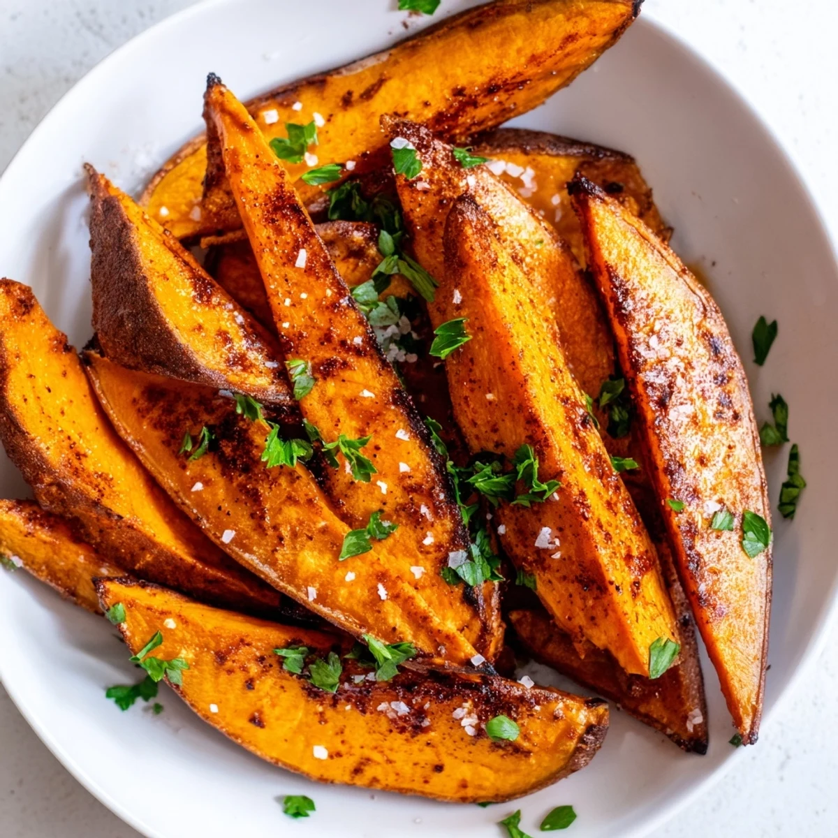 Golden Roasted Sweet Potato Wedges with Paprika tossed in olive oil, baked until crispy edged and tender, served warm from the oven.