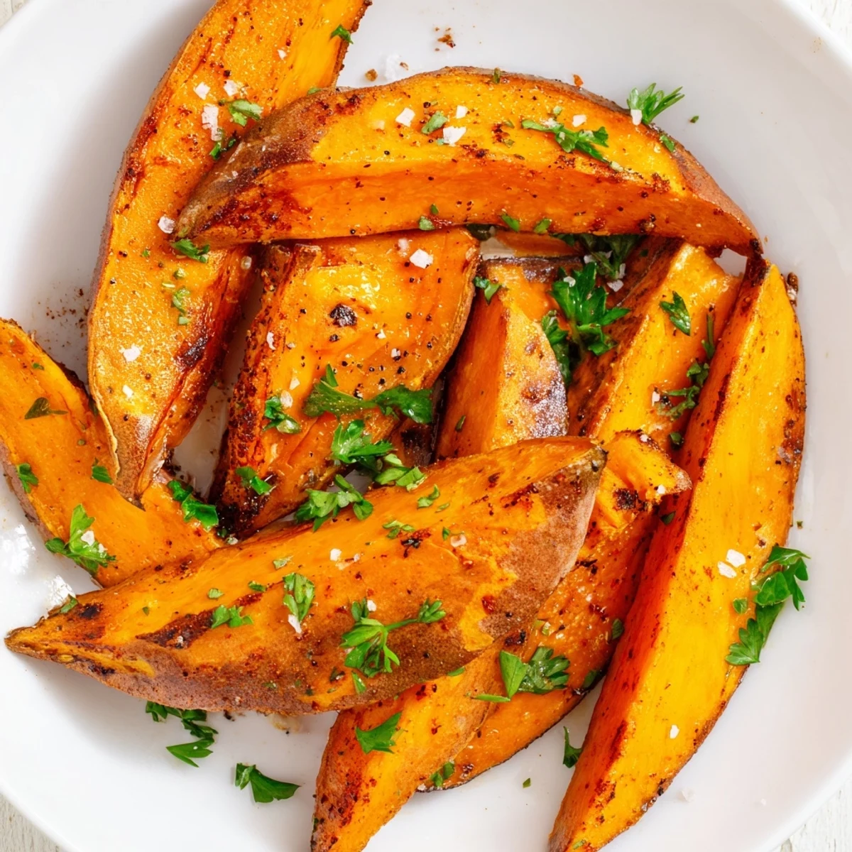 Golden Roasted Sweet Potato Wedges with Paprika on a rustic tray, highlighting caramelized edges and smoky seasoning for a gluten-free snack or side.