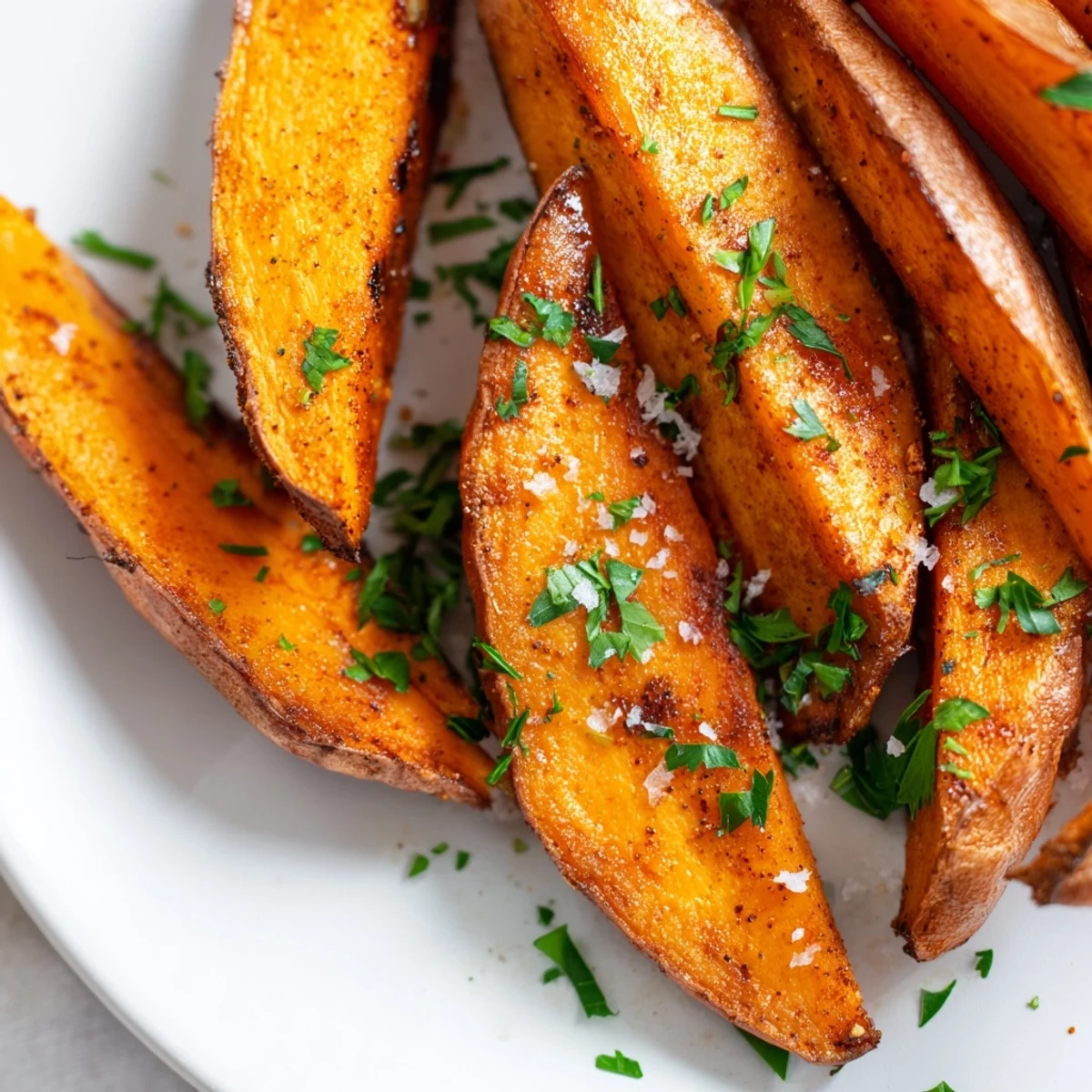 Golden Roasted Sweet Potato Wedges with Paprika fanned on a plate with fresh parsley and flaky salt, ready for dipping in creamy aioli.