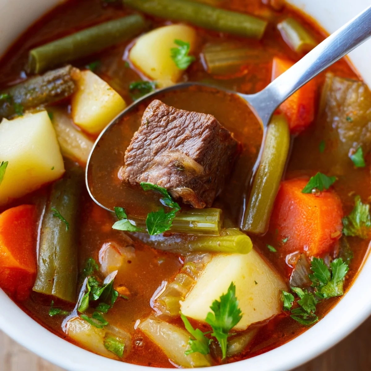 This rustic one-pot Beef Vegetable Soup with Potatoes is served hot, garnished with fresh parsley and black pepper.