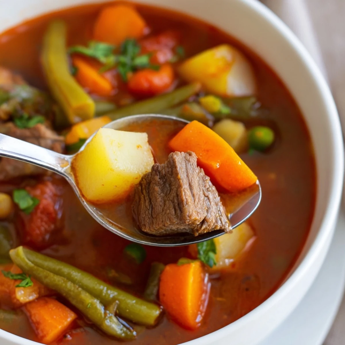 Hearty Beef Vegetable Soup with Potatoes, loaded with carrots, celery, and peas, paired with crusty gluten-free bread.