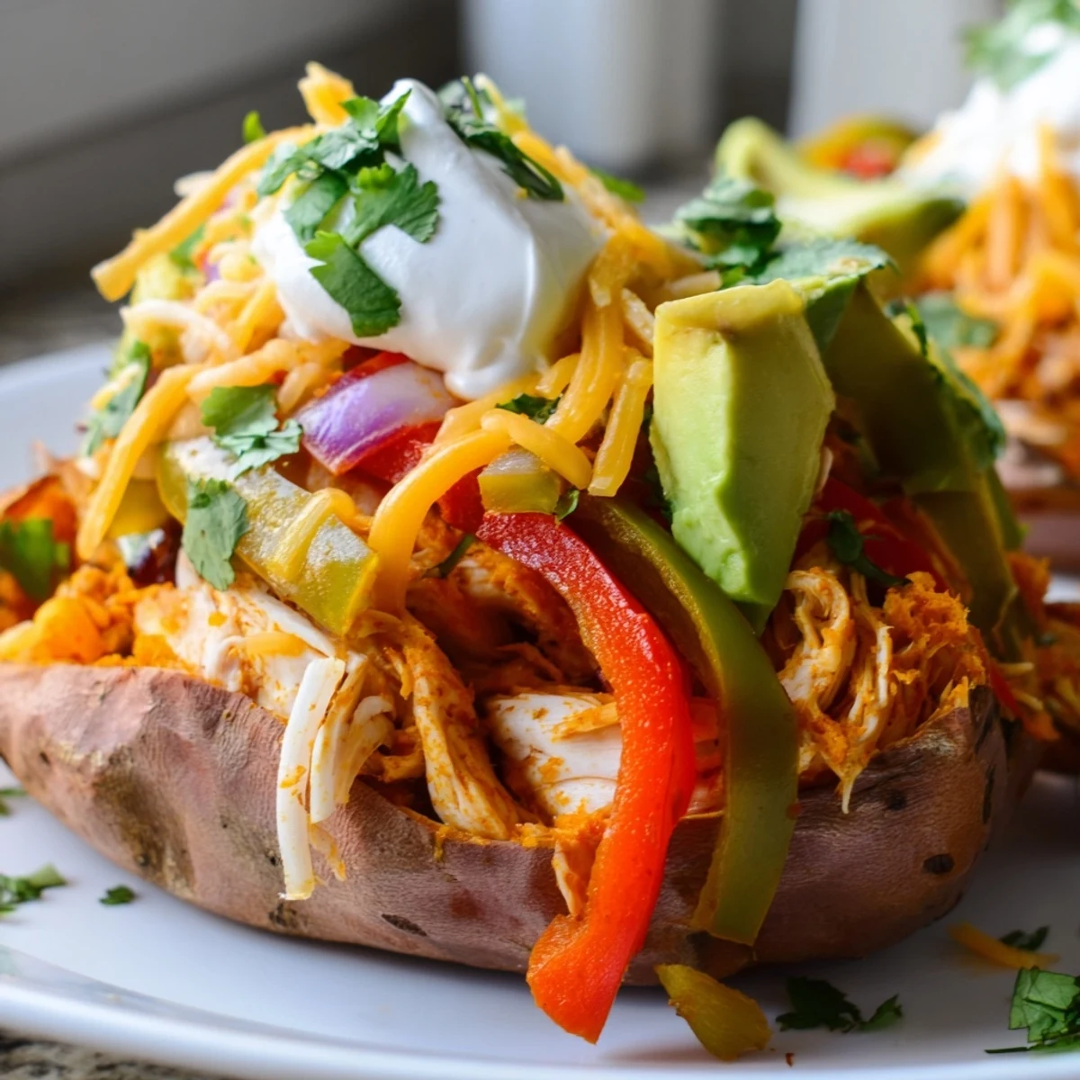 Golden roasted sweet potatoes split open and generously stuffed with zesty chicken, colorful bell peppers, and onions, finished with fresh cilantro.