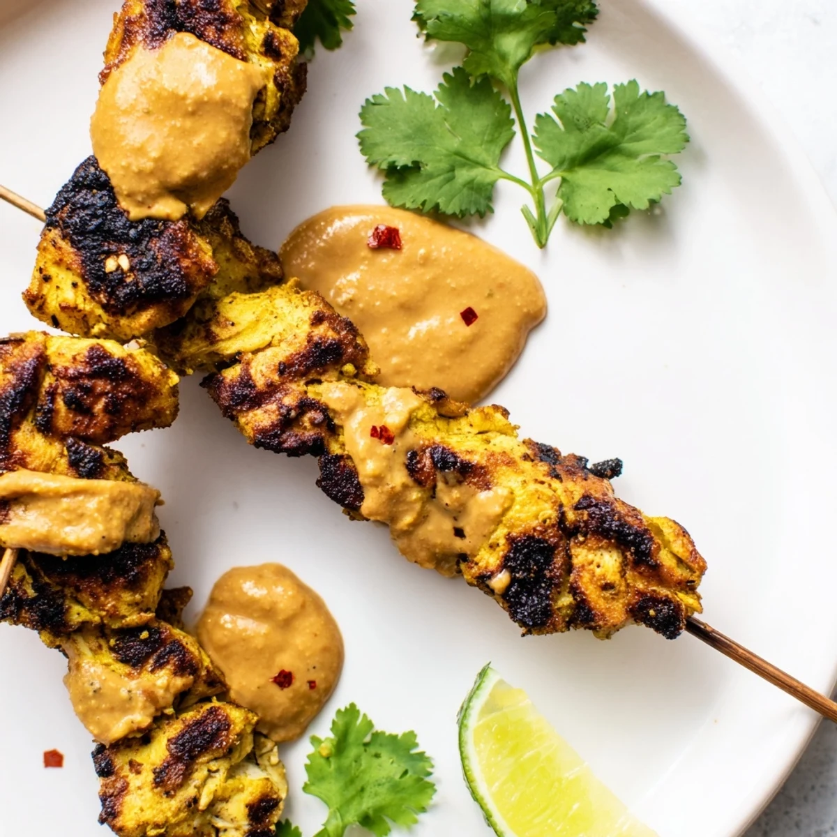 Grilled Chicken Satay Skewers with spicy peanut sauce, charred and served alongside fresh lime wedges and crisp cucumber slices.