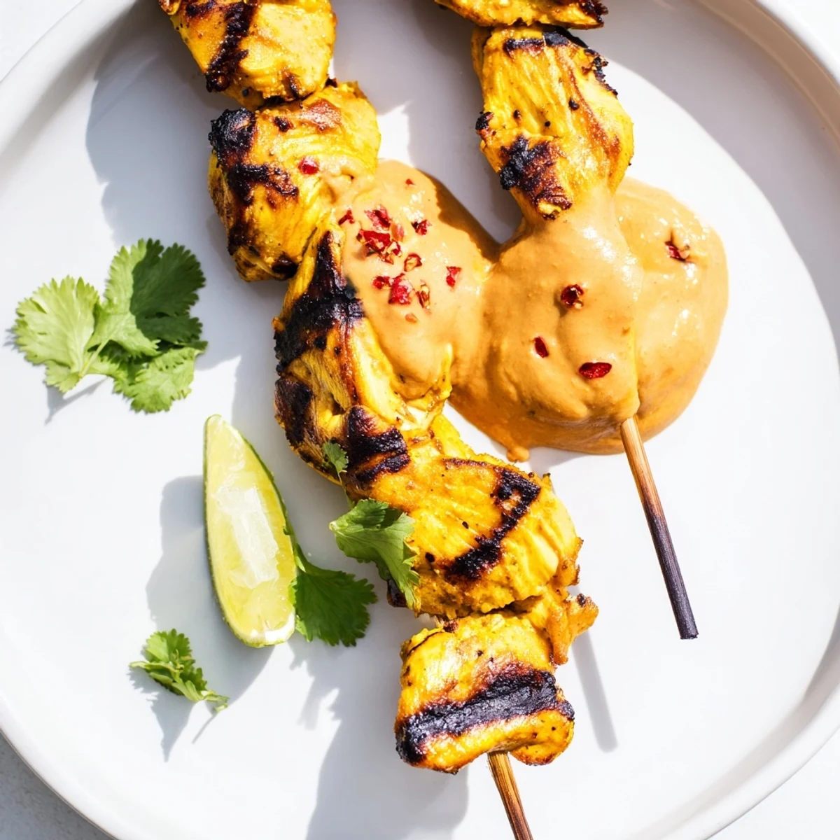 Tender marinated chicken thighs grilled on skewers, paired with a rich, spicy peanut dipping sauce and fresh cilantro garnish.