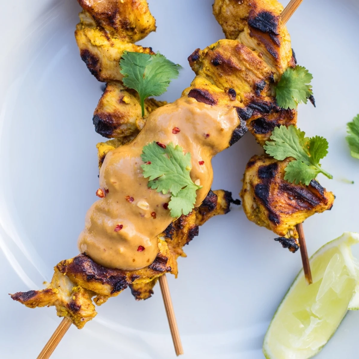 Golden, charred Chicken Satay Skewers with spicy peanut sauce, ready to serve on a platter with lime and cucumber.