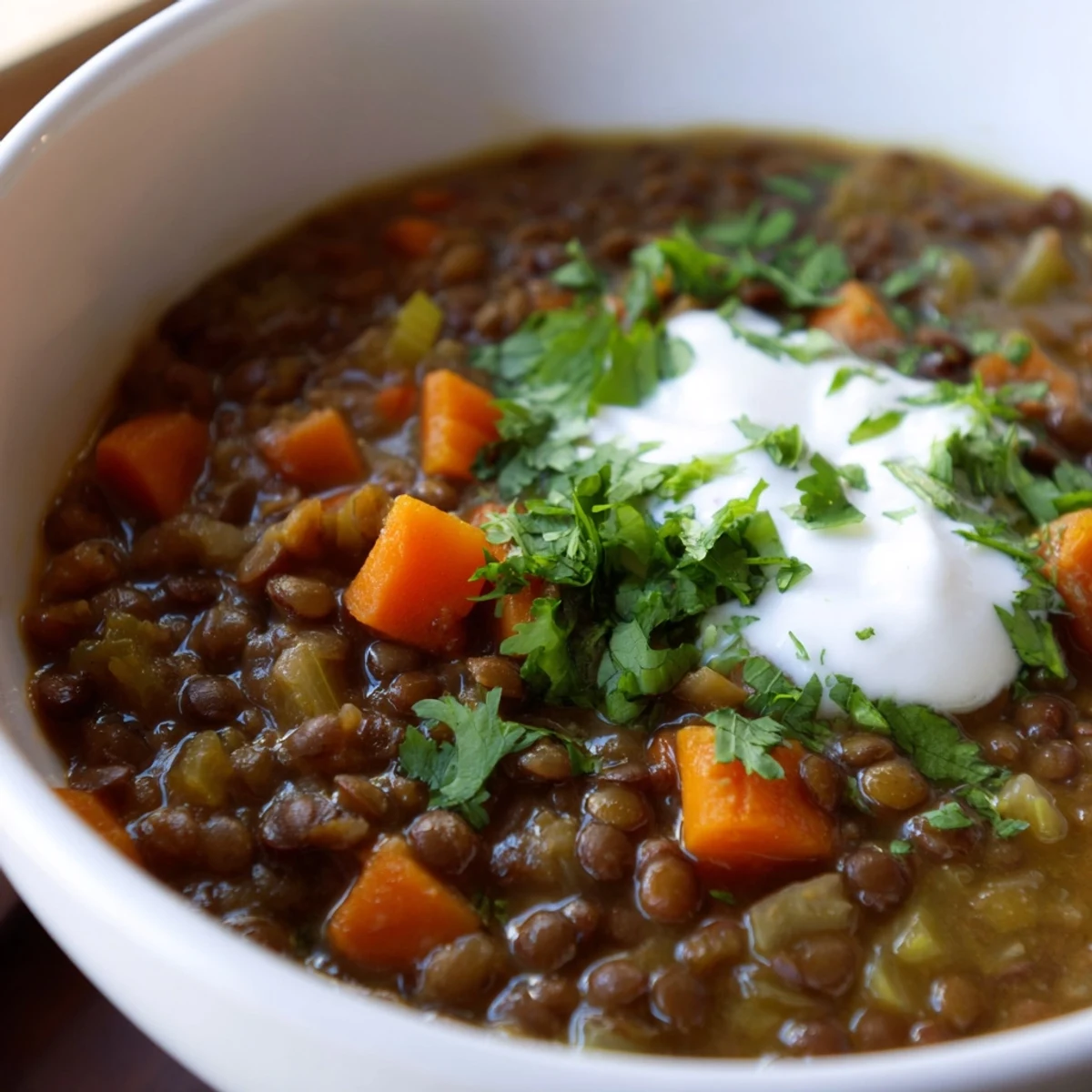 Creamy Spicy Lentil Soup with Carrots, Celery, and Cumin ladled into a rustic mug topped with a dollop of yogurt.