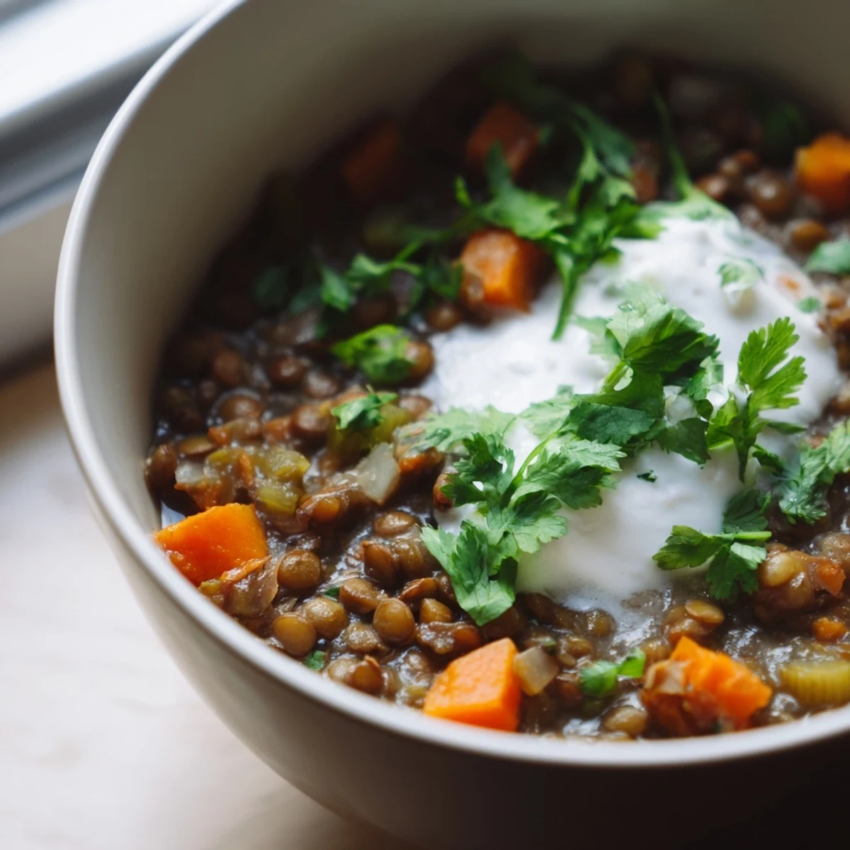 Vibrant Spicy Lentil Soup with Carrots, Celery, and Cumin simmering in a pot with visible carrots and cumin spices.