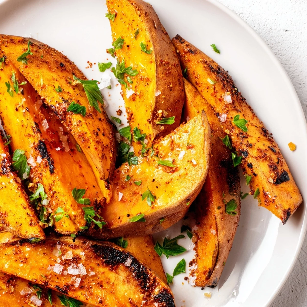 Golden roasted sweet potato wedges with smoked paprika offer a crispy exterior and tender interior, served as a savory side dish or snack. 