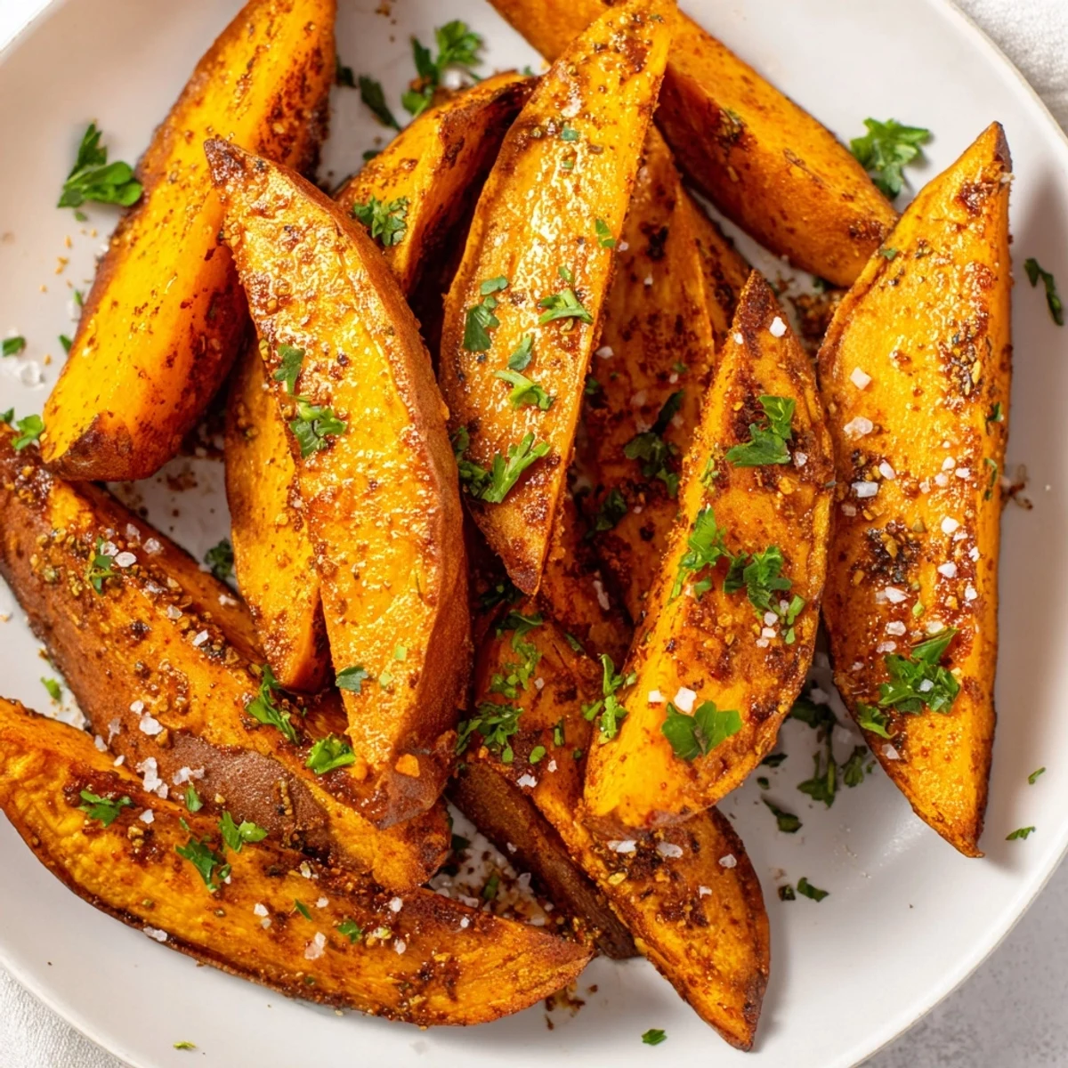Homemade roasted sweet potato wedges with smoked paprika garnished with fresh parsley on a rustic baking sheet for a healthy side dish.