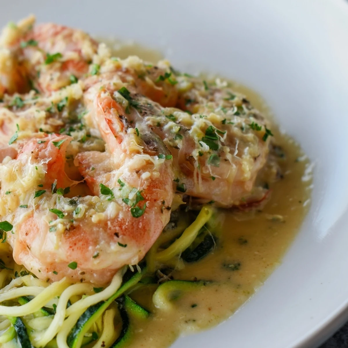 Creamy Garlic Shrimp with Zucchini Noodles and Lemon piled high on a white plate, glistening with sauce and fresh parsley.