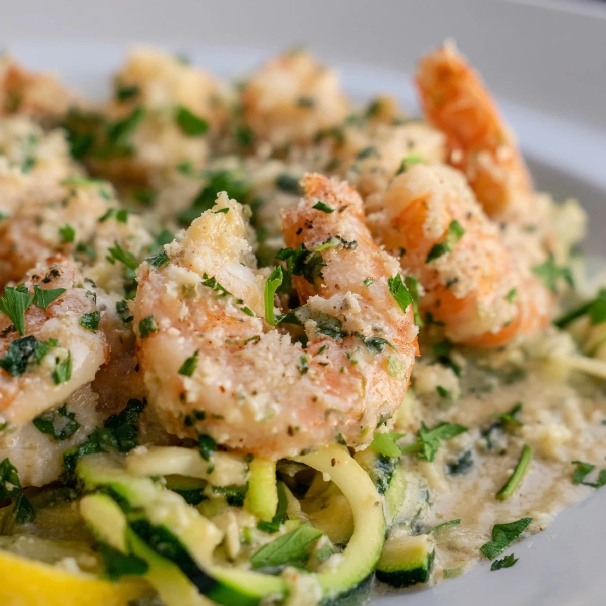 Sautéed shrimp coated in a creamy garlic sauce twirled with zucchini noodles and topped with a lemon wedge.