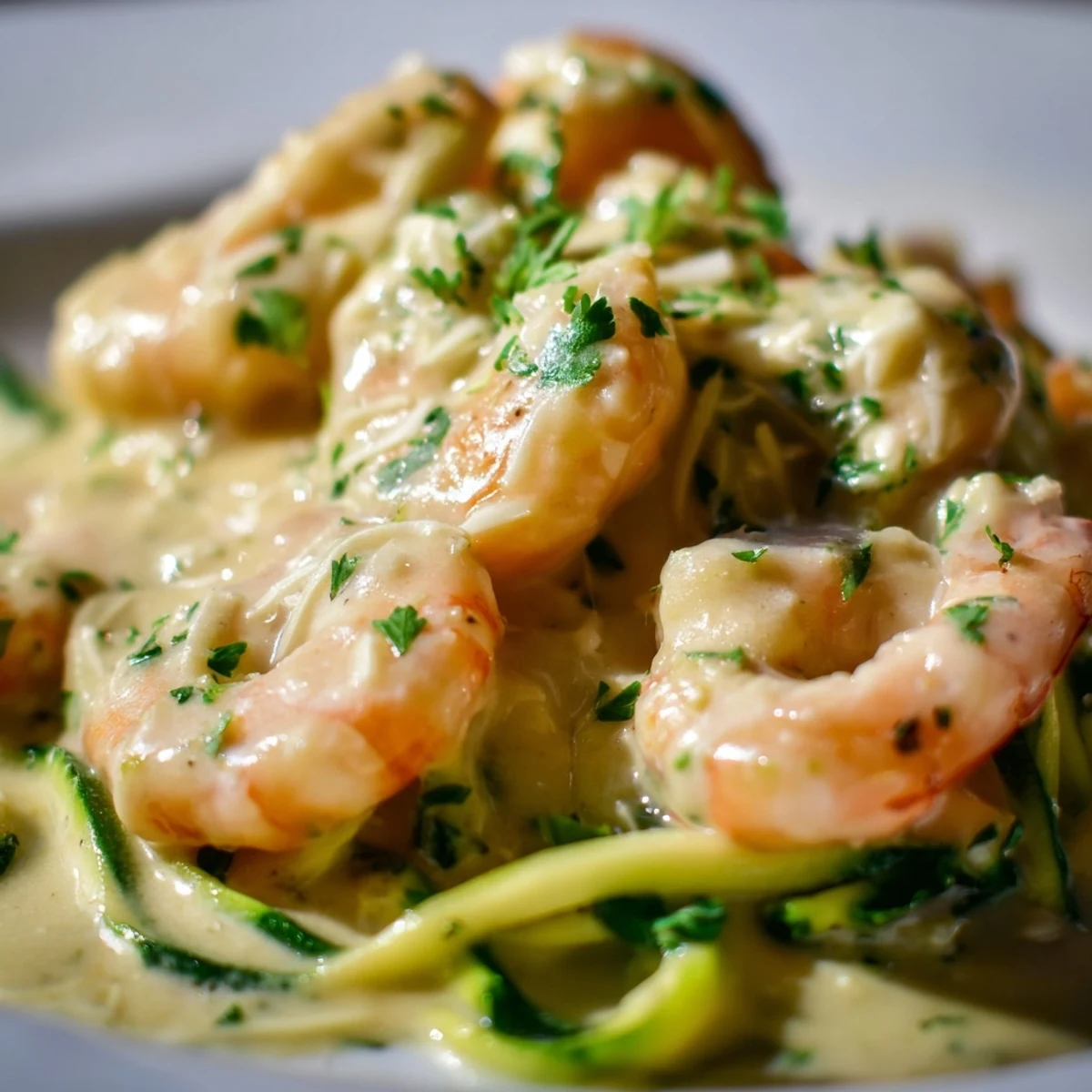 Golden shrimp and bright green zucchini noodles in a creamy lemon sauce, served ready to eat with crusty bread.