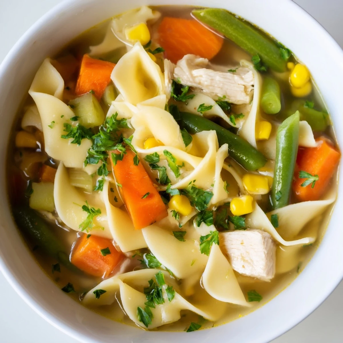 A close-up of Chicken Vegetable Soup with Egg Noodles in a white bowl, showing tender chicken, bright carrots, and green beans in a clear broth.