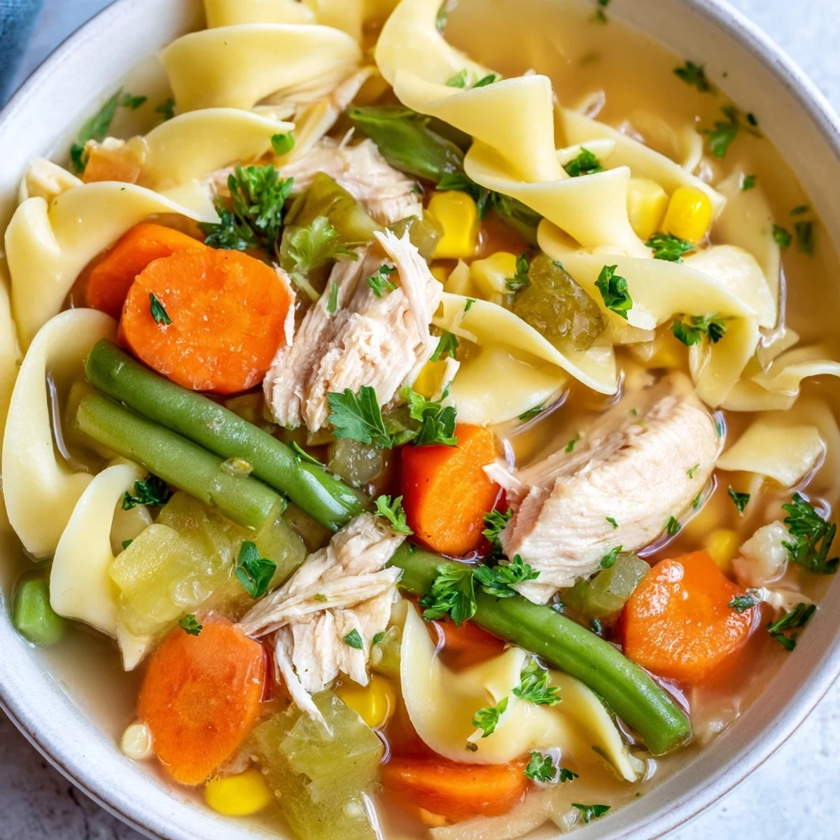 A ladle serves up a bowl of steaming Chicken Vegetable Soup with Egg Noodles, garnished with fresh parsley alongside crusty bread.