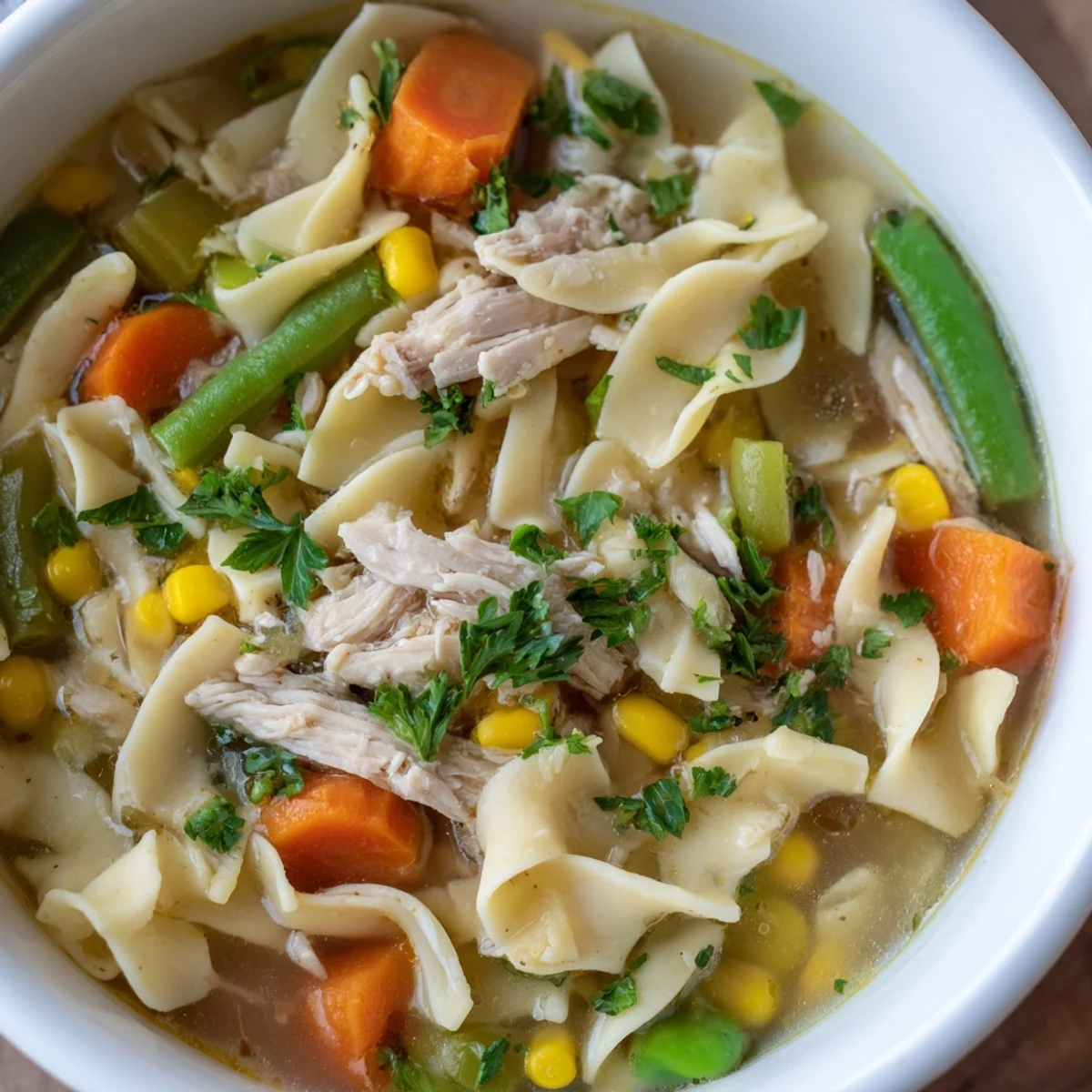 White steam rises from a pot of Chicken Vegetable Soup with Egg Noodles, filled with corn kernels and wide noodles for a comforting meal.