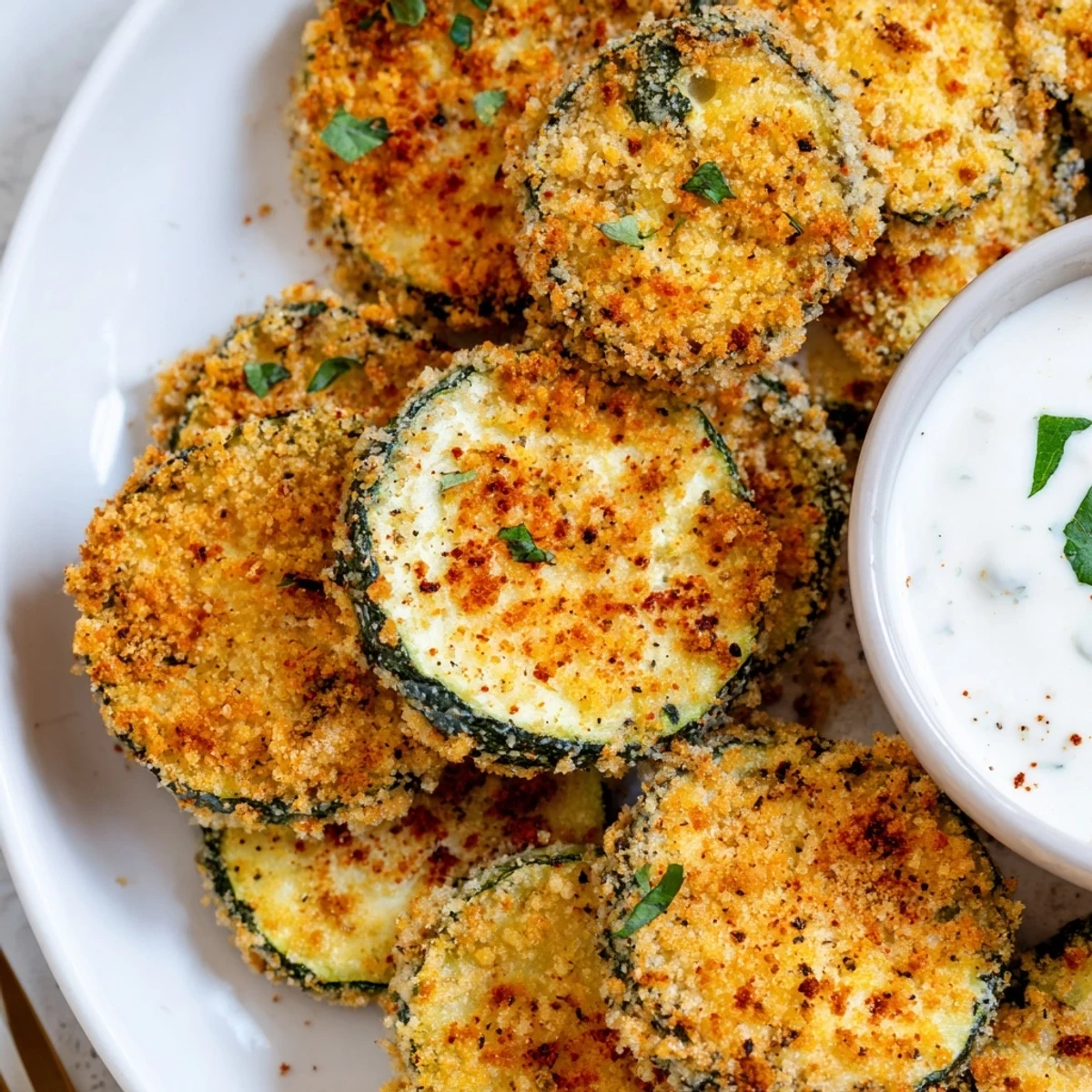Golden, crunchy Crispy Air Fryer Zucchini Chips with Ranch arranged on a white plate next to a small bowl of creamy dip.