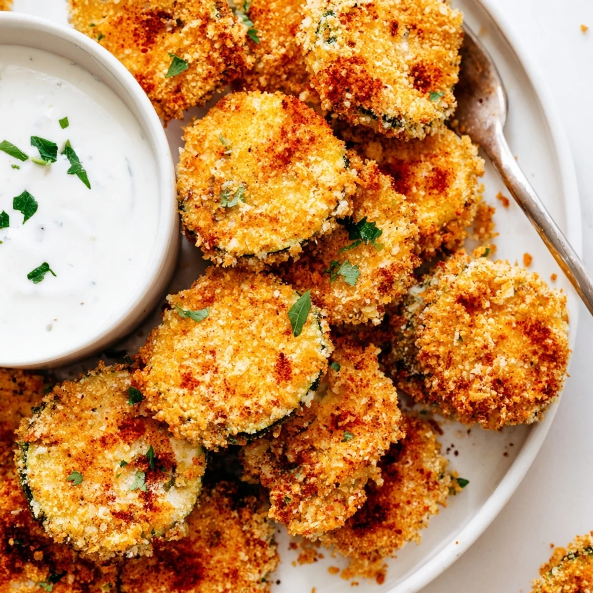 Perfectly browned Crispy Air Fryer Zucchini Chips with Ranch piled high, ready to dip and serve at a party platter.