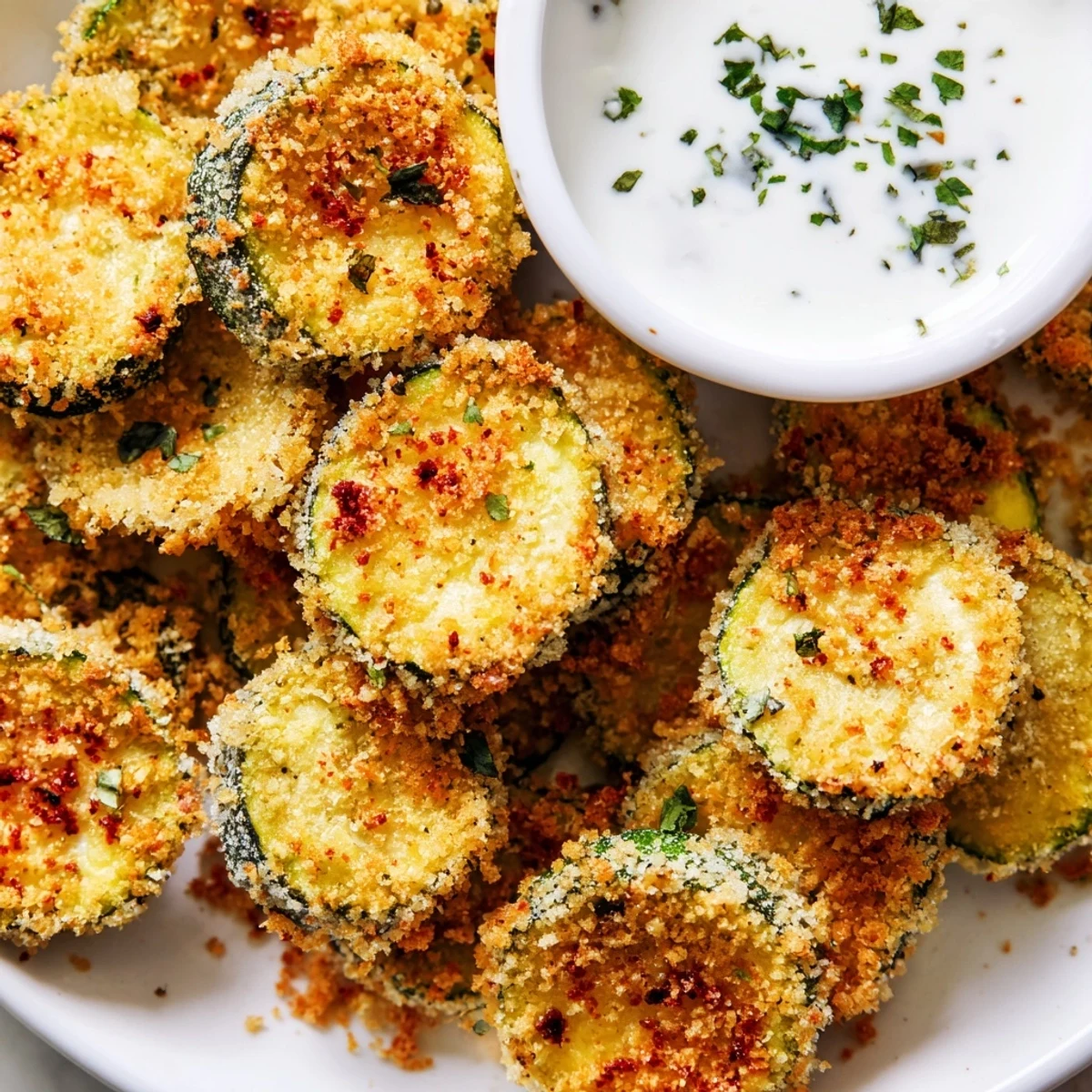 Golden Crispy Air Fryer Zucchini Chips with Ranch, served hot and steamy, with herbs sprinkled over the creamy dip.