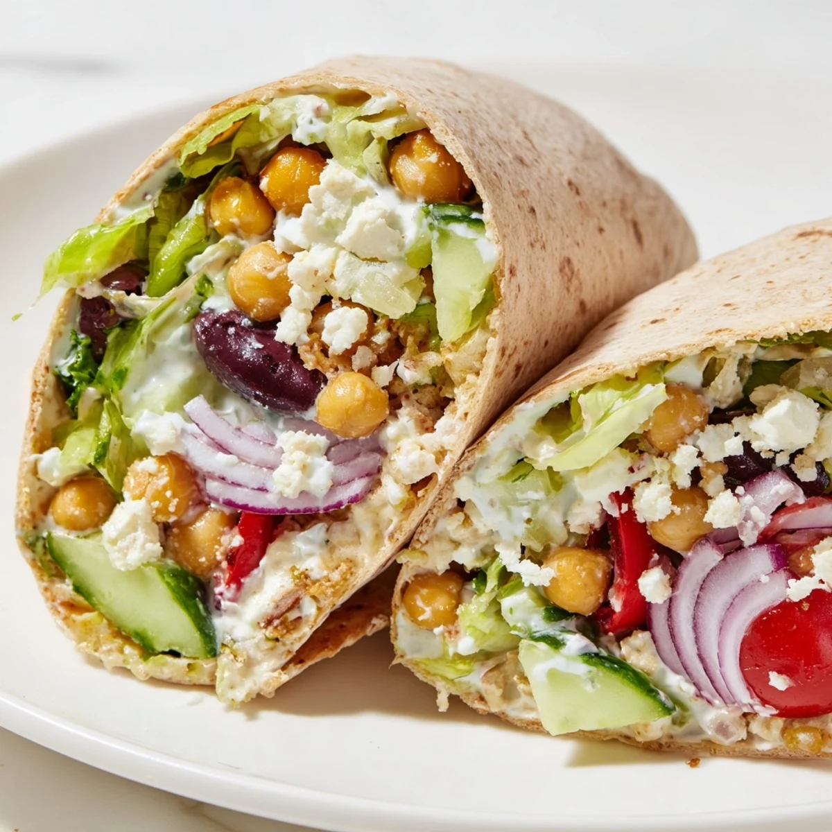 A Mediterranean Chickpea Wrap cut in half, revealing creamy tzatziki sauce, crunchy cucumbers, and vibrant Kalamata olives, served alongside a small bowl of extra dip.