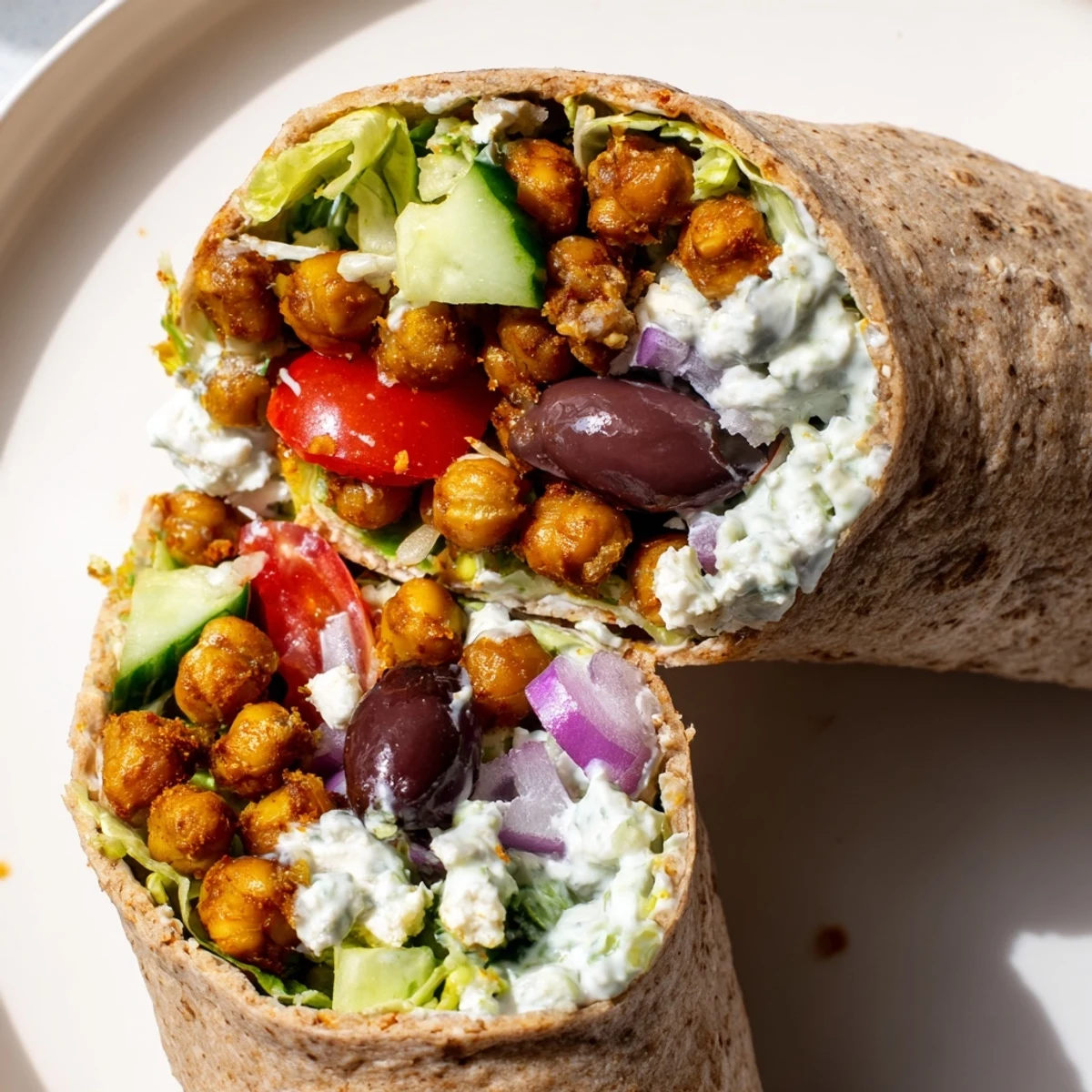 Freshly prepared Mediterranean Chickpea Wrap with tzatziki sauce, stuffed with golden spiced chickpeas, crisp lettuce, and ripe tomatoes on a warm whole wheat flatbread.