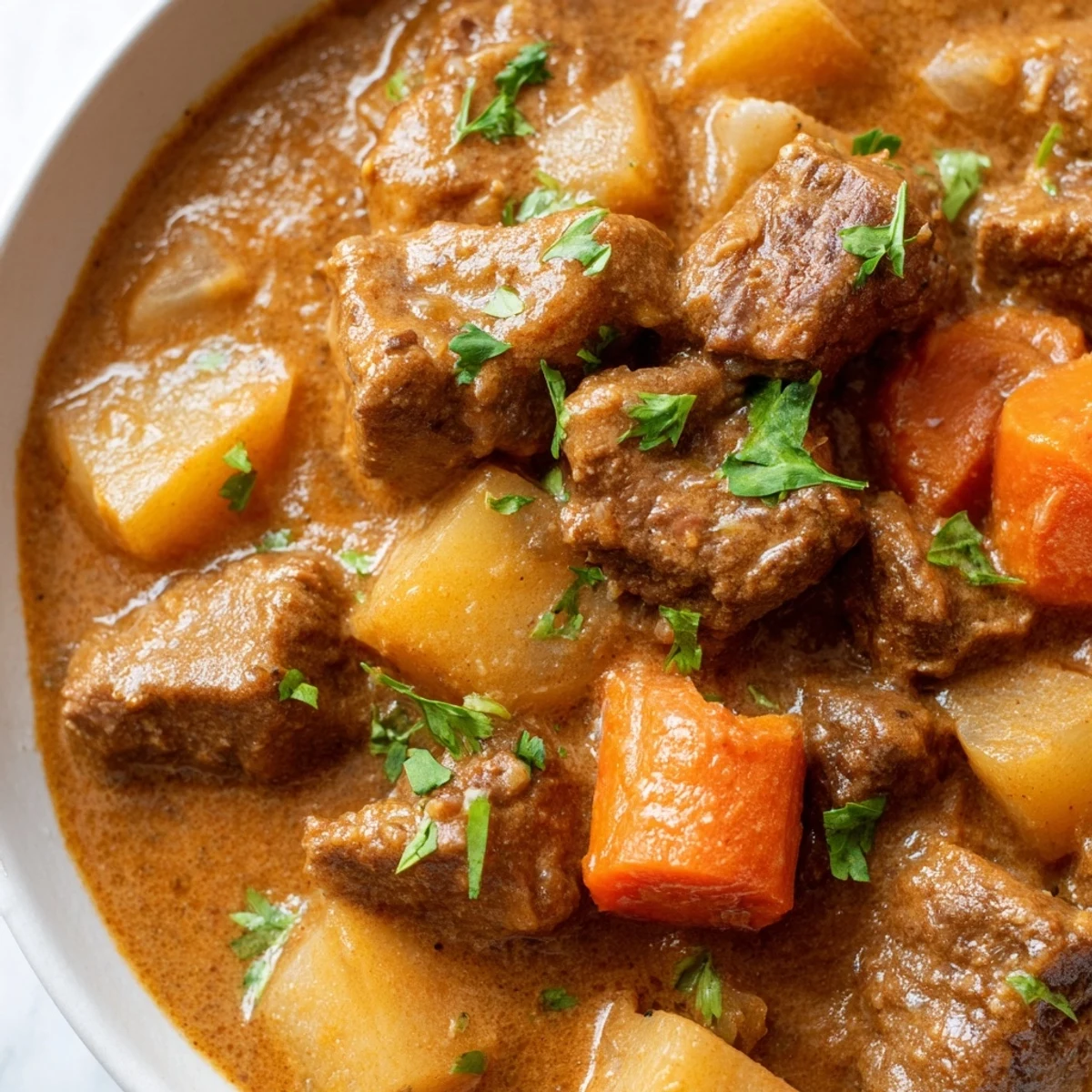 Slow Cooker Beef Curry with Coconut Milk steaming in a ceramic slow cooker pot, tender beef cubes and carrots in a rich, aromatic sauce.
