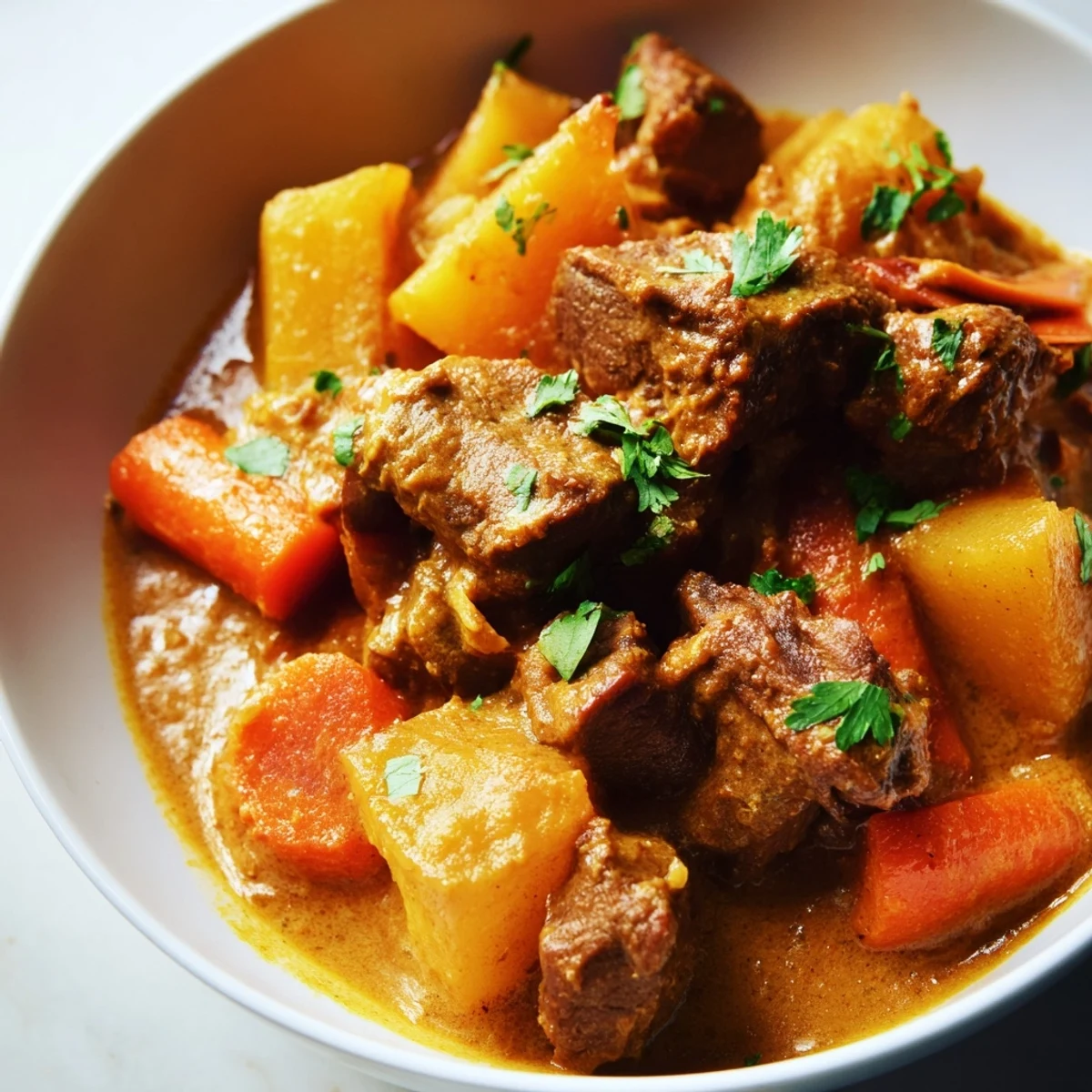 Overhead shot of Slow Cooker Beef Curry with Coconut Milk featuring potatoes, carrots, and beef chunks in a creamy, golden-orange sauce next to a spoon.