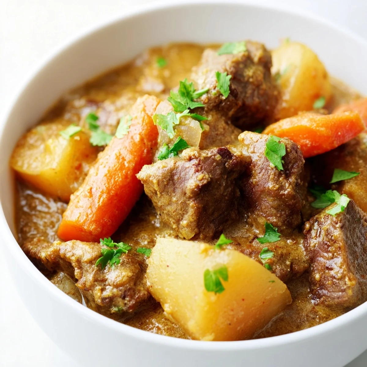 A rustic bowl of Slow Cooker Beef Curry with Coconut Milk, garnished with cilantro and lime wedges, ready to serve over fluffy basmati rice.