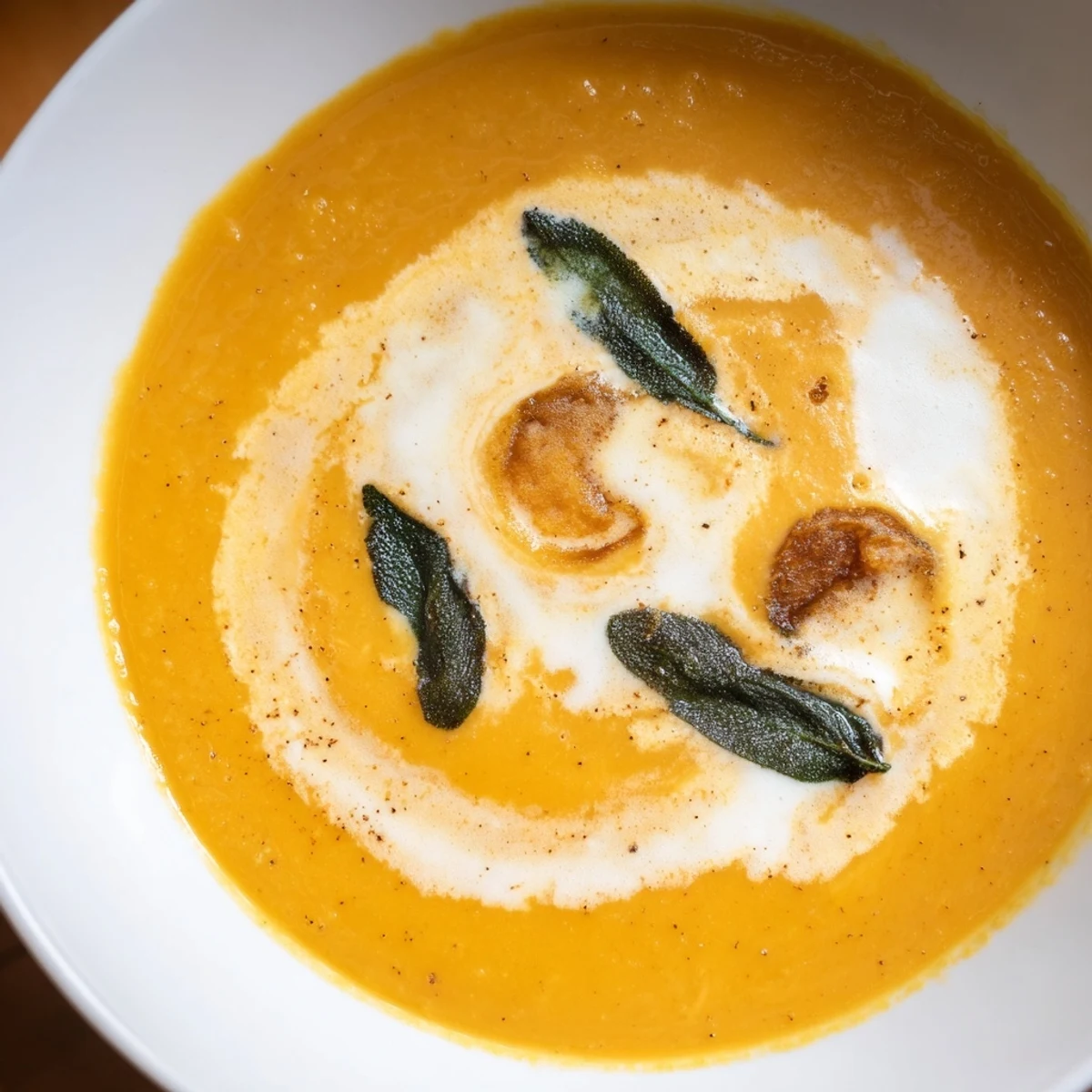 A warm bowl of Roasted Butternut Squash Soup with Crispy Sage, garnished with a drizzle of cream.