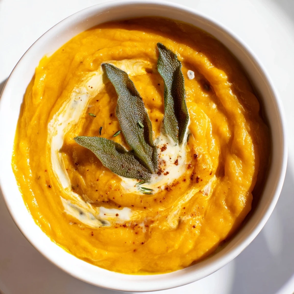 Roasted Butternut Squash Soup with Crispy Sage is served hot in a rustic bowl for an autumn meal.