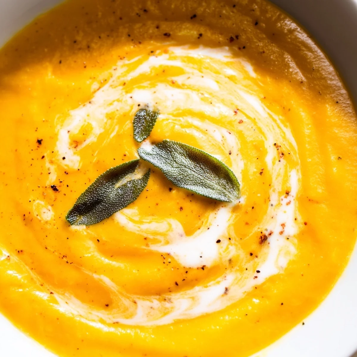 Golden roasted butternut squash soup topped with crispy sage leaves and a swirl of rich cream.