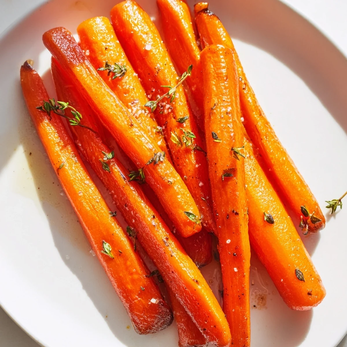 Golden roasted carrots with honey and thyme, beautifully caramelized on a baking sheet and ready to serve as a vibrant side dish.  