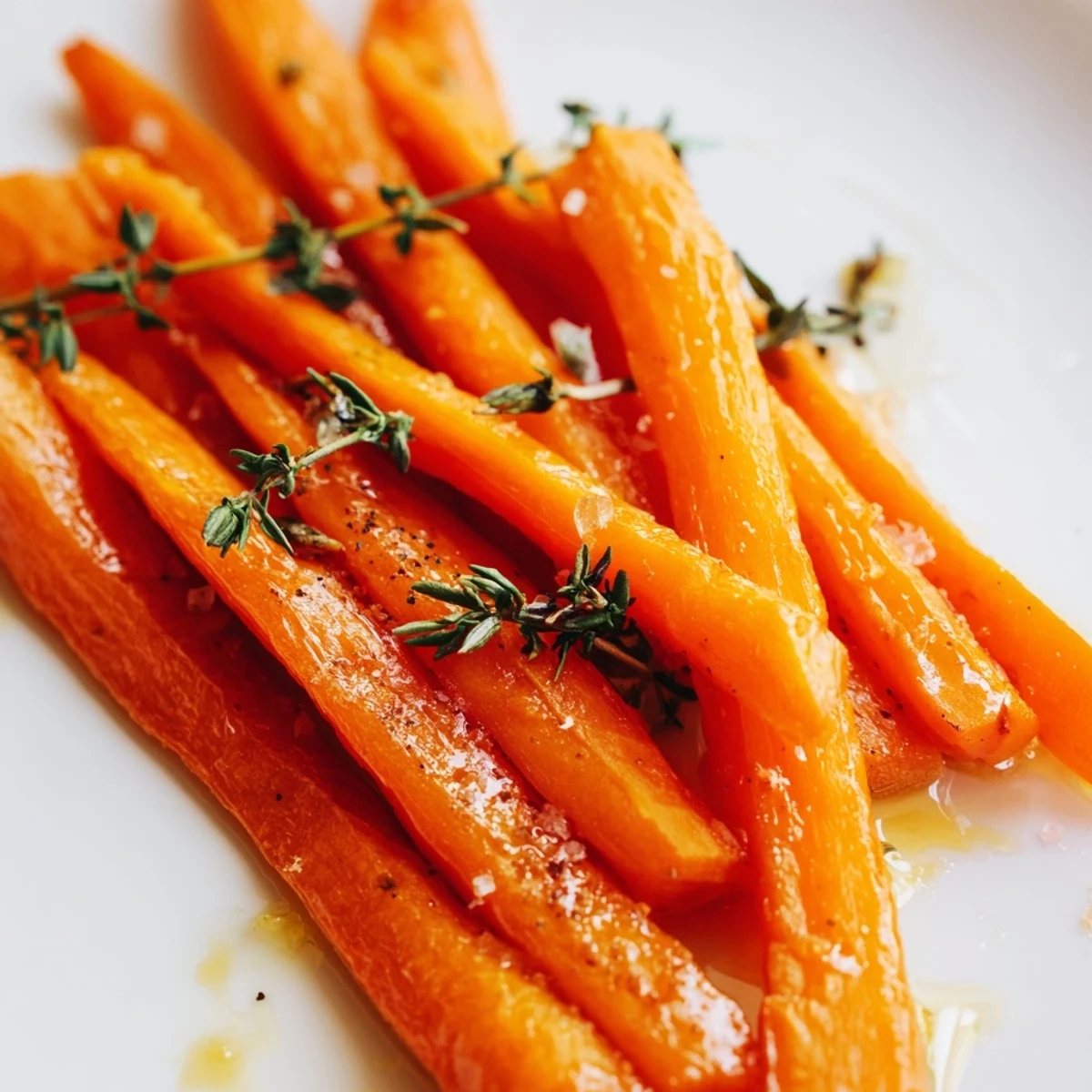 A close-up of tender honey-glazed carrots garnished with fresh thyme, highlighting their glossy finish and caramelized edges.  
