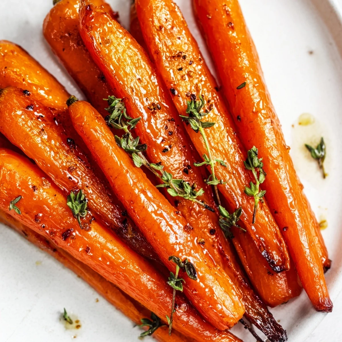 Freshly roasted carrots with honey and thyme, served warm on a rustic plate, perfect alongside any main course.