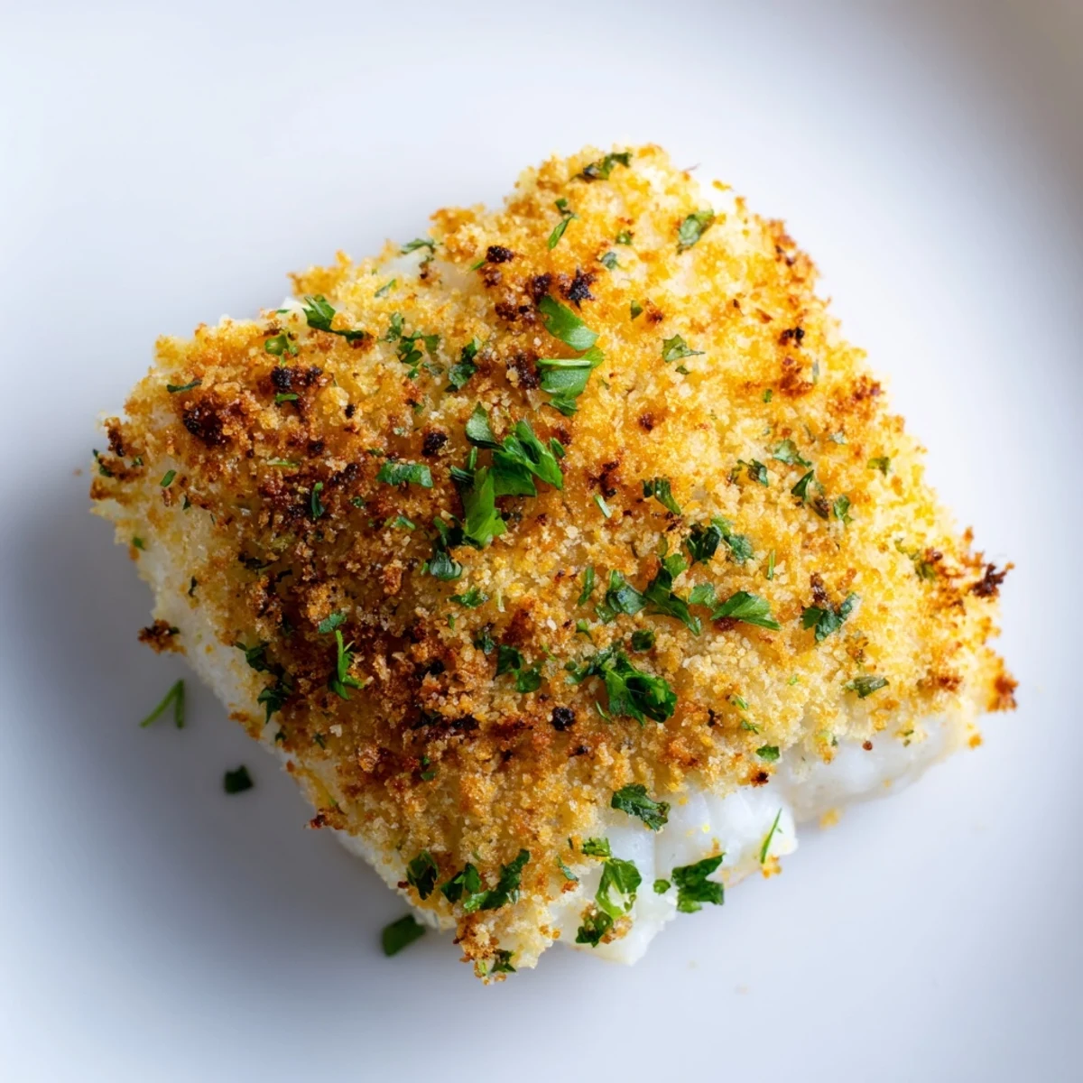 Golden-brown Baked Cod with Panko Crust rests on a white plate, garnished with fresh parsley and lemon wedges.