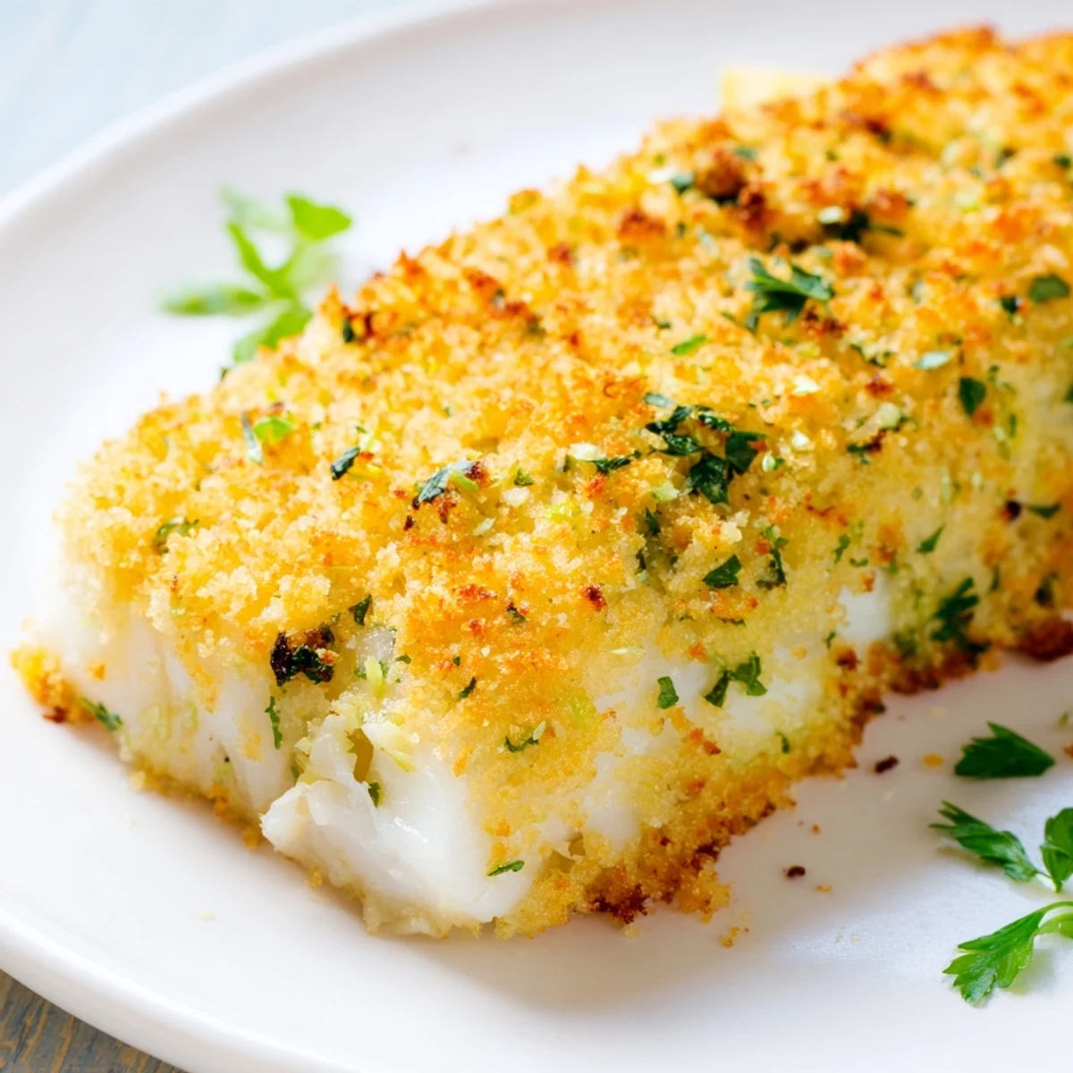 A close-up of Baked Cod with Panko Crust shows the crispy, buttery topping and tender, white fish flakes.
