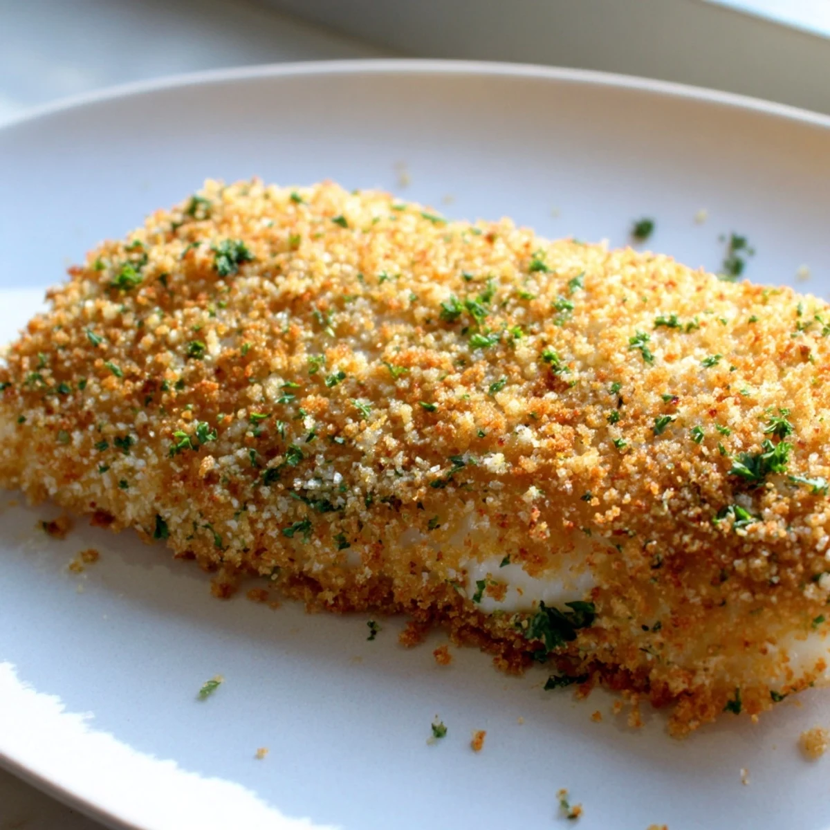 Flaky Baked Cod with Panko Crust is served alongside roasted asparagus and baby potatoes for a complete meal.
