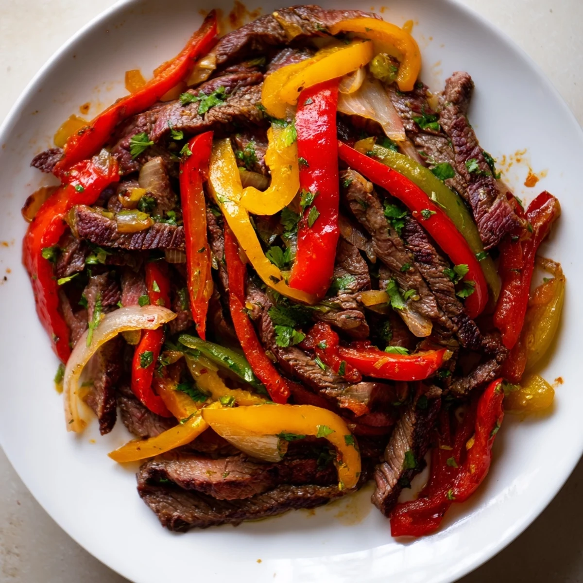 Freshly cooked Beef Fajitas with Peppers and Onions sizzling loudly in a hot cast iron skillet, surrounded by warm flour tortillas and fresh lime wedges.